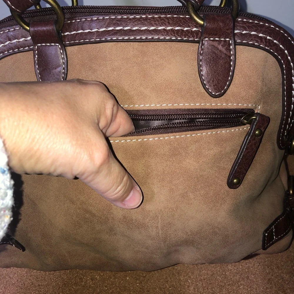BOC SuedeLeather HandbagPurse BrownTan 2 Zip Openings No Shoulder Strap - Picture 5 of 11